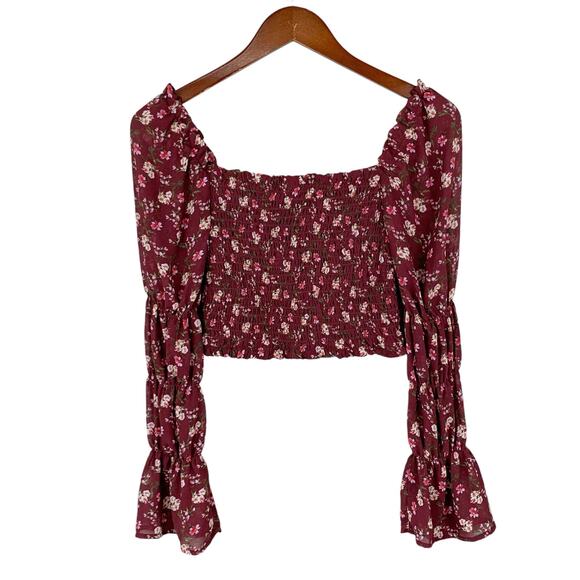 Wild Fable Blouse Cropped Smocked Long Puffy Sleeves Red Floral Boho Women's S - Picture 8 of 9
